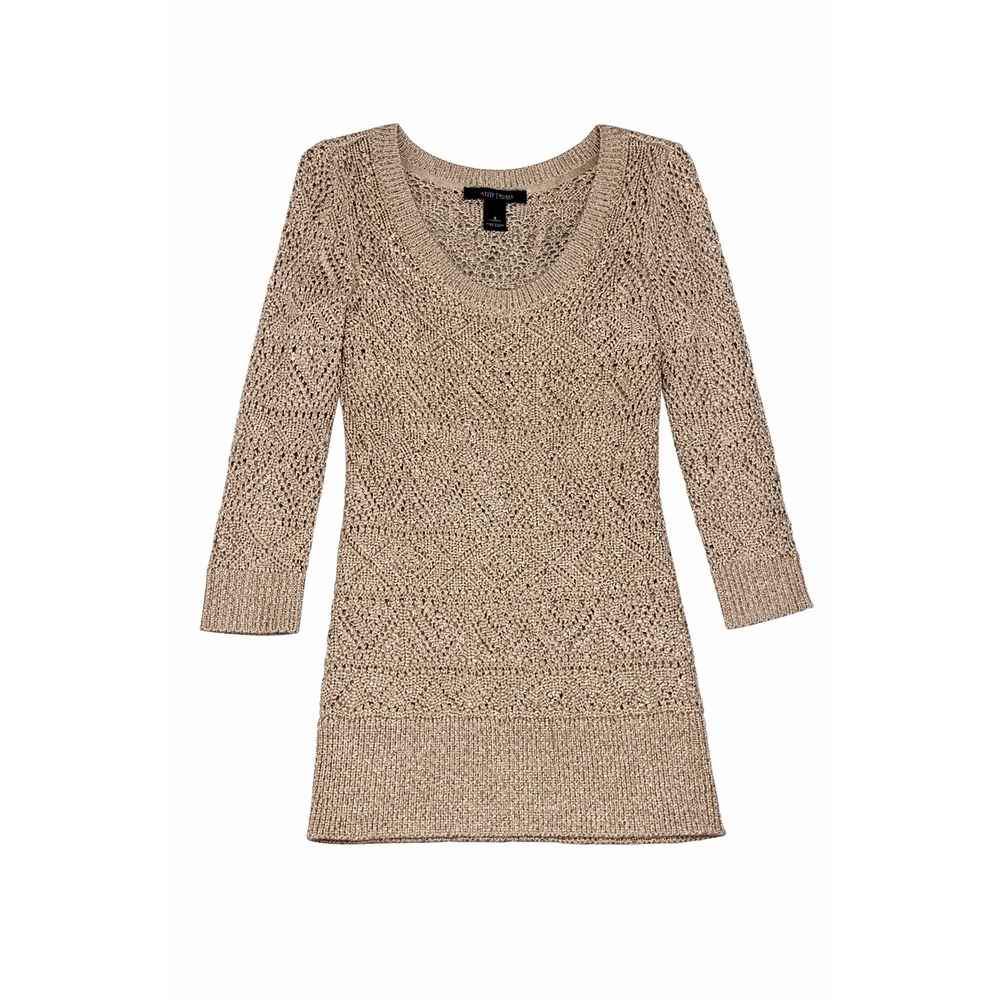 White House Black Market Womens S Metallic light Gold Crochet Knit Tunic Sweater